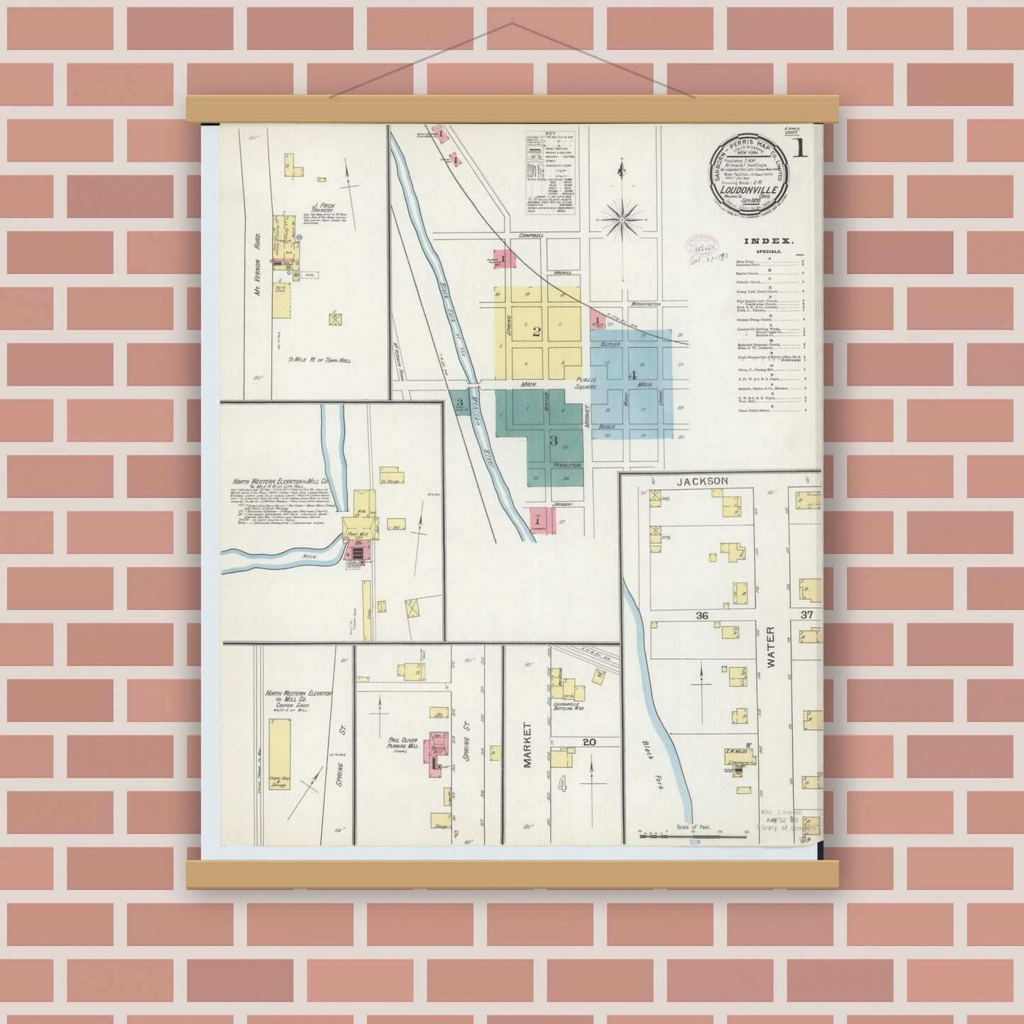 Old map wall art mockup — magnetic wood frame on brick wall — Sanborn Fire Insurance Map from Loudonville, Ashland County, Ohio (1893) - Complete Map Set