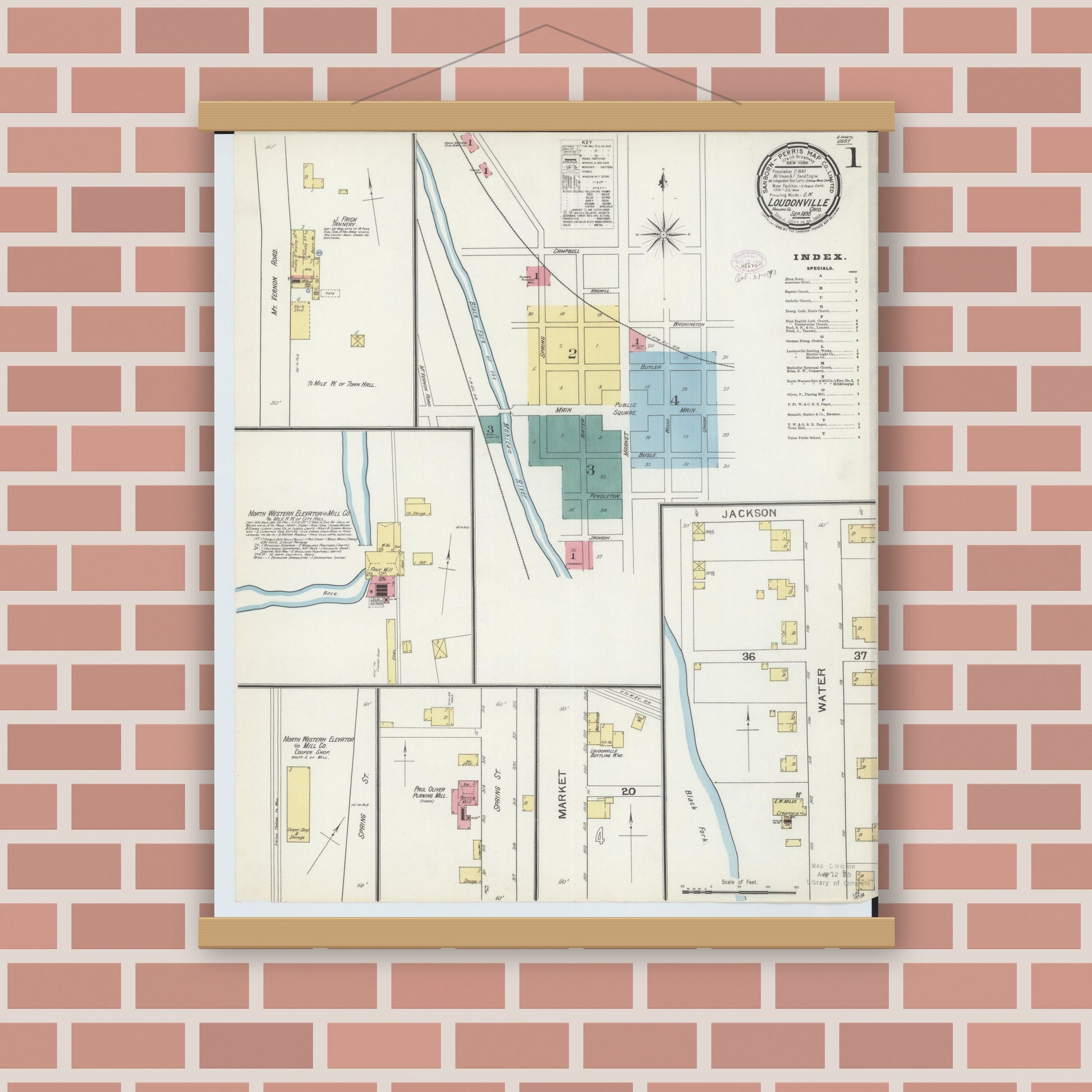 Old map wall art mockup — magnetic wood frame on brick wall — Sanborn Fire Insurance Map from Loudonville, Ashland County, Ohio (1893) - Complete Map Set