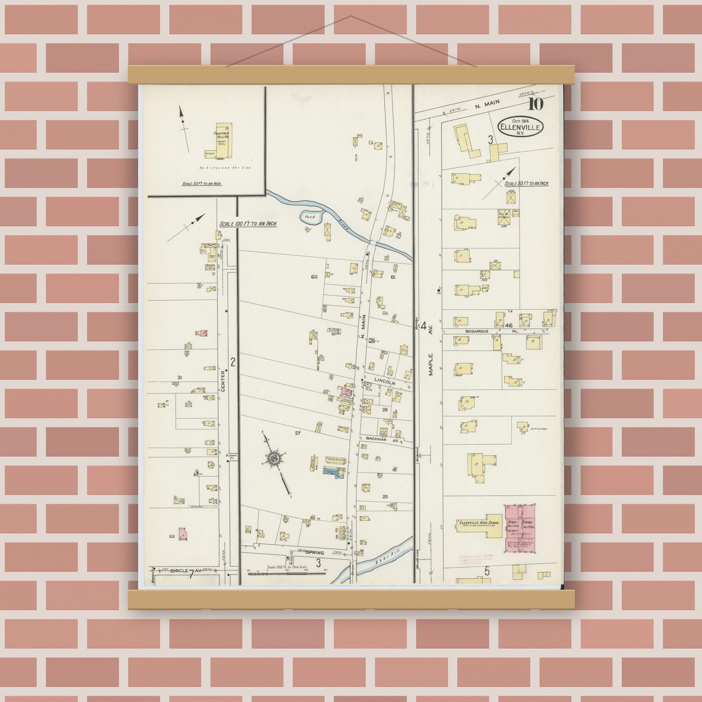 Old map wall art mockup — magnetic wood frame on brick wall — Sanborn Fire Insurance Map from Ellenville, Ulster County, New York (1914), Sheet #0010