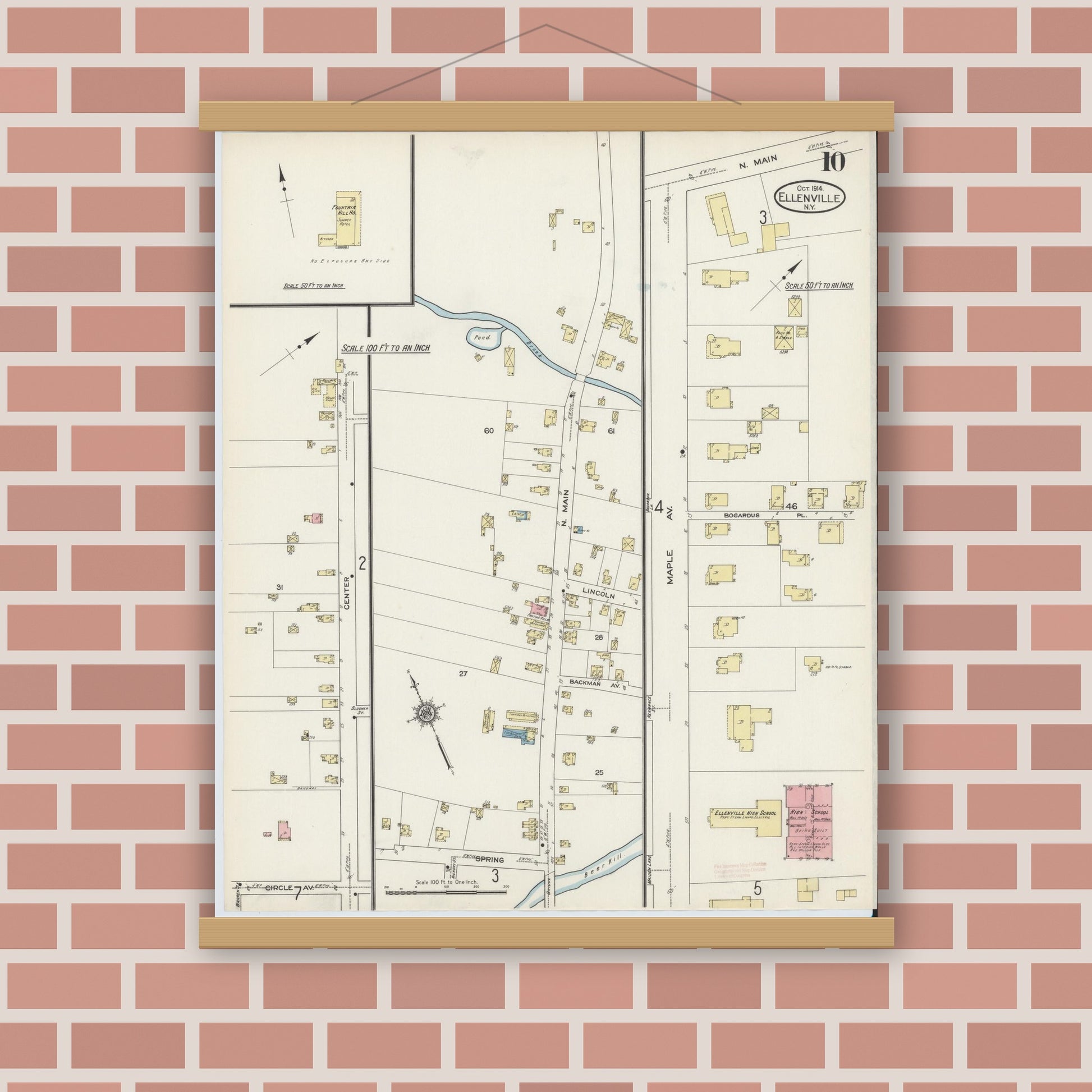 Old map wall art mockup — magnetic wood frame on brick wall — Sanborn Fire Insurance Map from Ellenville, Ulster County, New York (1914), Sheet #0010
