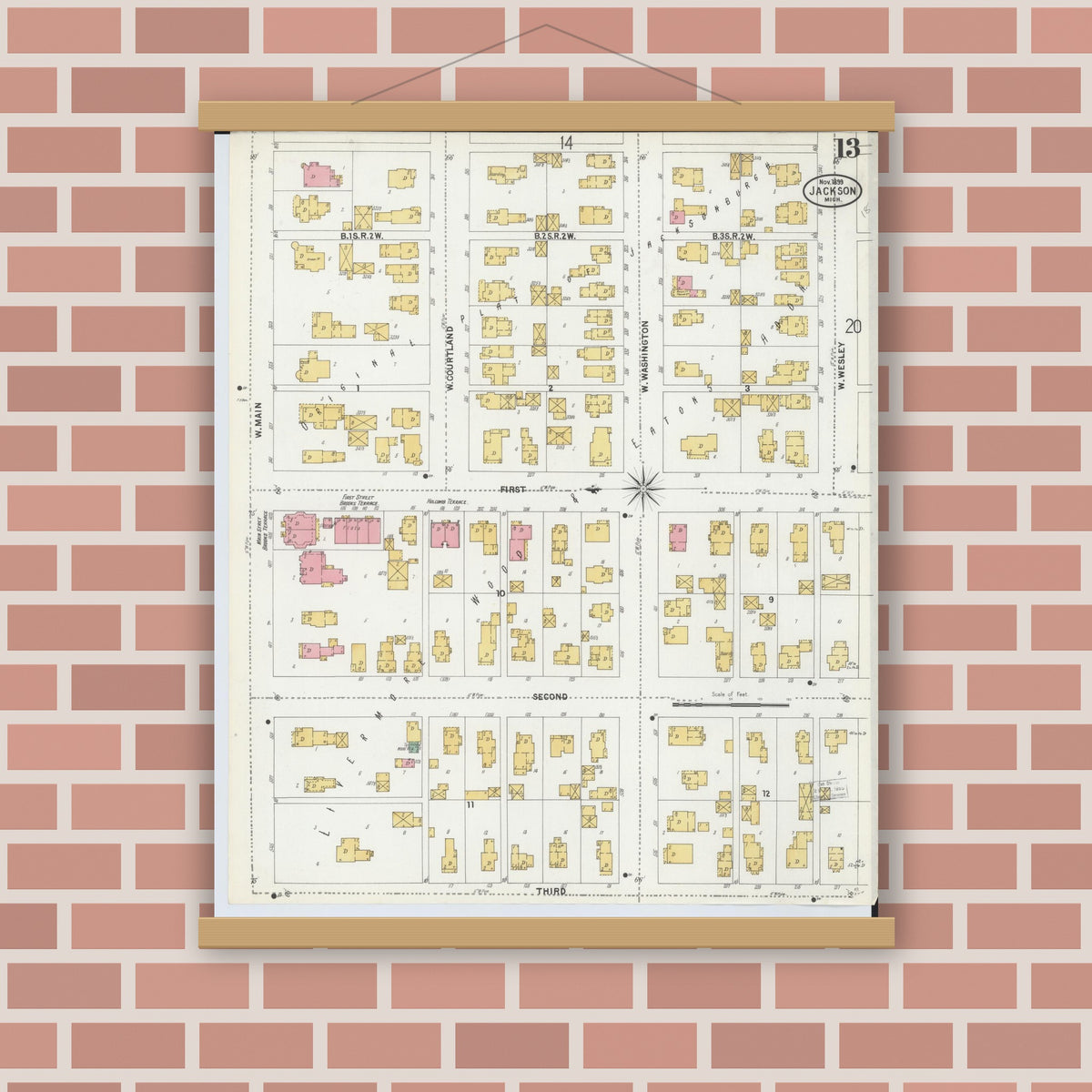 Old map wall art mockup — magnetic wood frame on brick wall — Sanborn Fire Insurance Map from Jackson, Jackson County, Michigan (1899), Sheet #0013