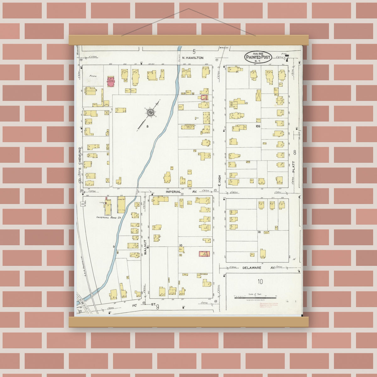 Old map wall art mockup — magnetic wood frame on brick wall — Sanborn Fire Insurance Map from Painted Post, Steuben County, New York (1921), Sheet #0007