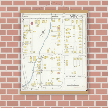 Old map wall art mockup — magnetic wood frame on brick wall — Sanborn Fire Insurance Map from Painted Post, Steuben County, New York (1921), Sheet #0007