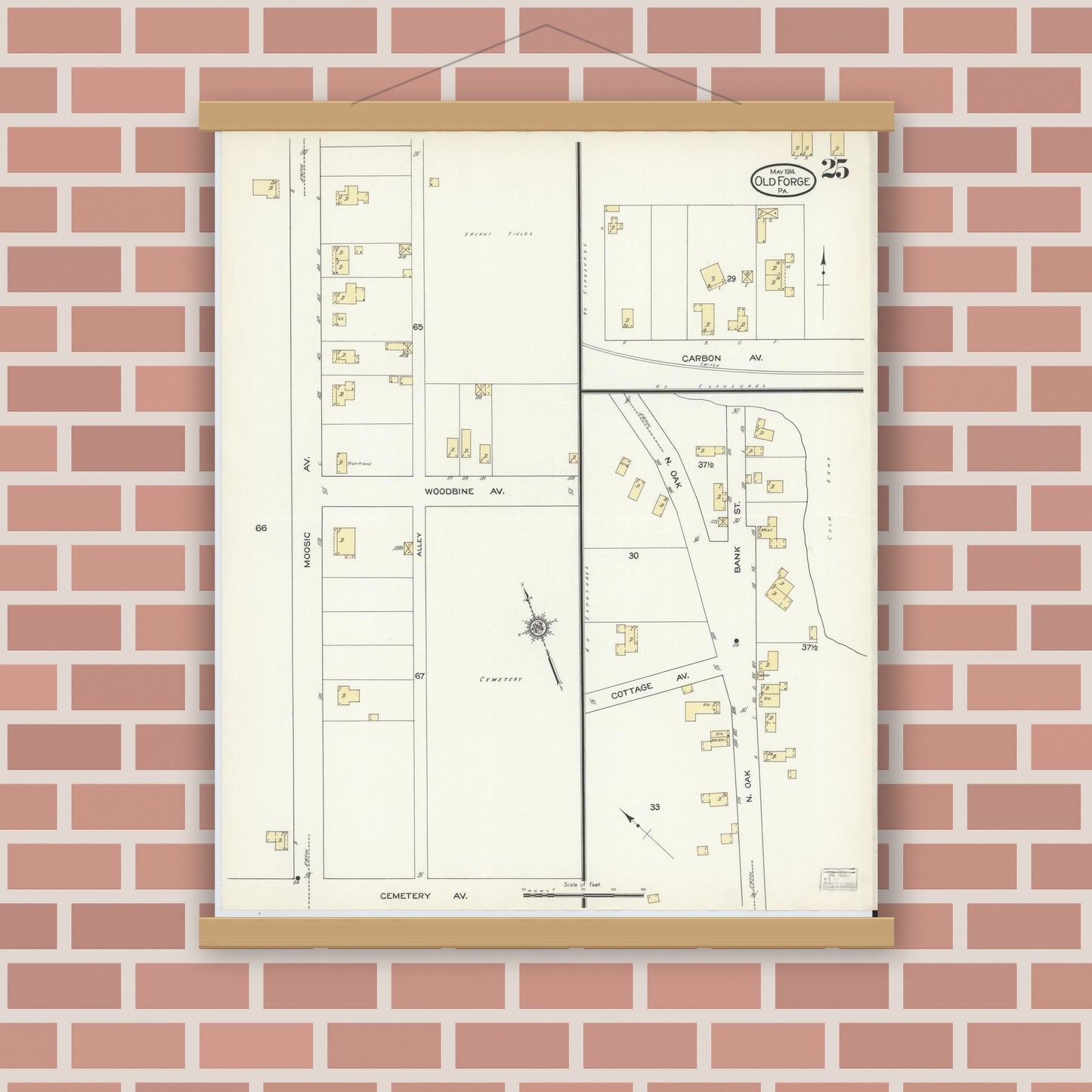 Old map wall art mockup — magnetic wood frame on brick wall — Sanborn Fire Insurance Map from Old Forge, Lackawanna County, Pennsylvania (1914), Sheet #0025