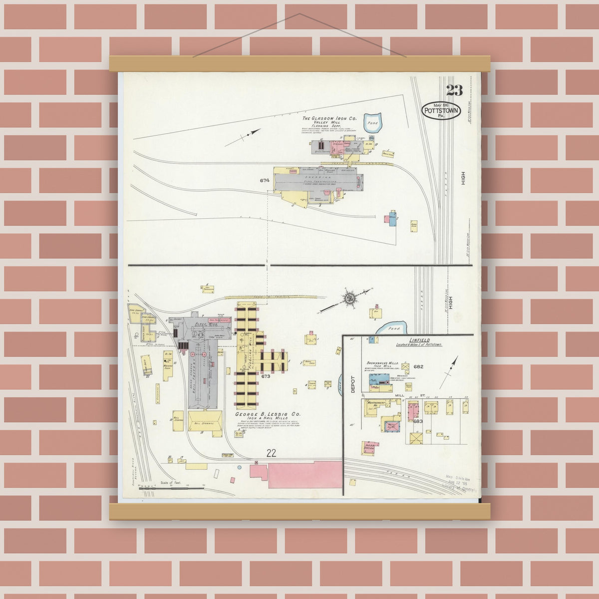 Old map wall art mockup — magnetic wood frame on brick wall — Sanborn Fire Insurance Map from Pottstown, Montgomery County, Pennsylvania (1916), Sheet #0023