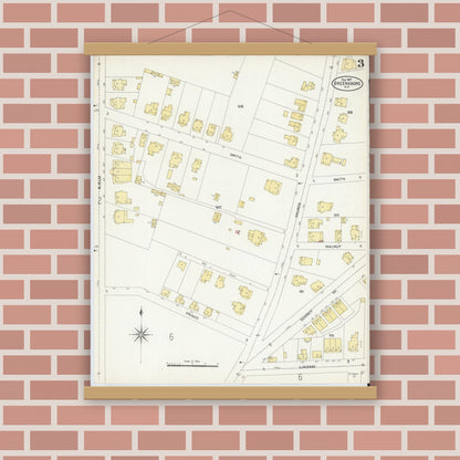 Old map wall art mockup — magnetic wood frame on brick wall — Sanborn Fire Insurance Map from Greensboro, Guilford County, North Carolina (1907), Sheet #0003
