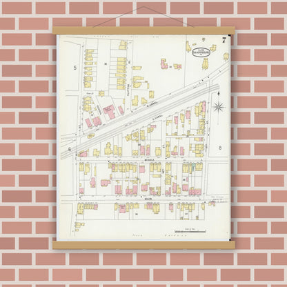 Old map wall art mockup — magnetic wood frame on brick wall — Sanborn Fire Insurance Map from Sharpsburg, Allegheny County, Pennsylvania (1896), Sheet #0007