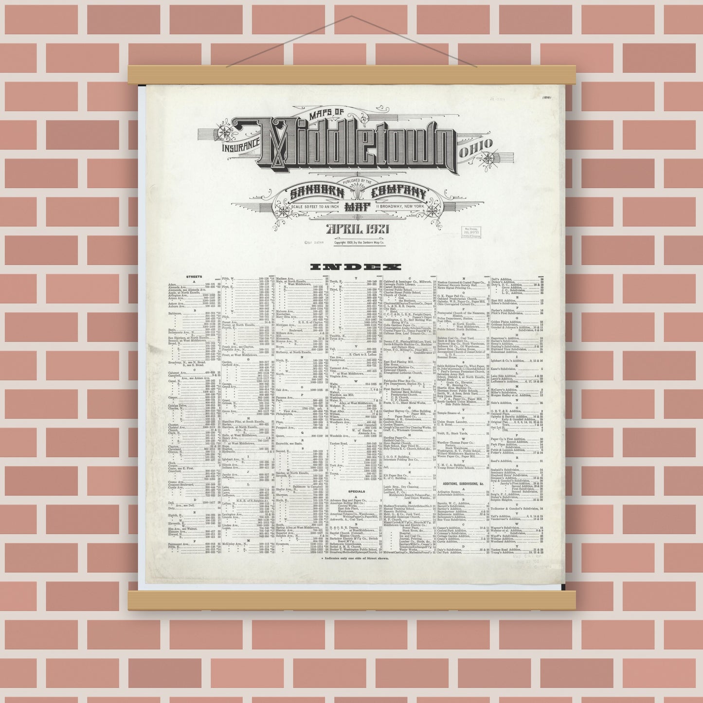 Old map wall art mockup — magnetic wood frame on brick wall — Sanborn Fire Insurance Map from Middletown, Butler County, Ohio (1921), Sheet #0001