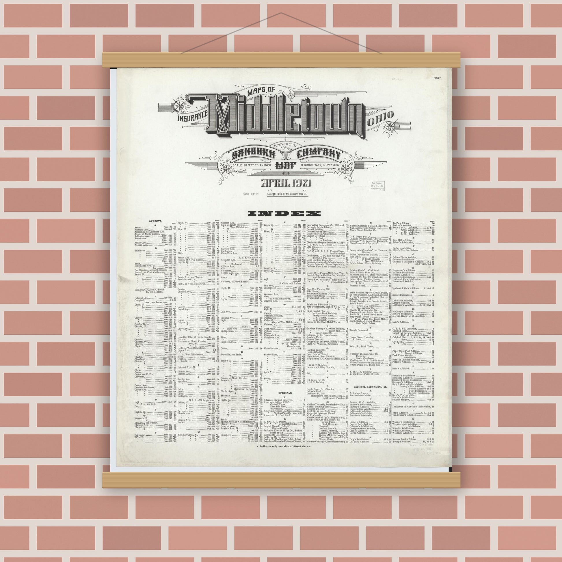 Old map wall art mockup — magnetic wood frame on brick wall — Sanborn Fire Insurance Map from Middletown, Butler County, Ohio (1921), Sheet #0001
