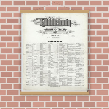 Old map wall art mockup — magnetic wood frame on brick wall — Sanborn Fire Insurance Map from Middletown, Butler County, Ohio (1921), Sheet #0001