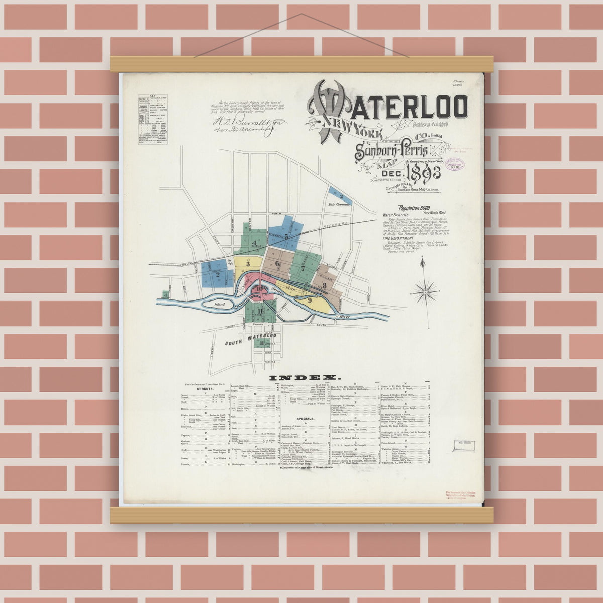 Old map wall art mockup — magnetic wood frame on brick wall — Sanborn Fire Insurance Map from Waterloo, Seneca County, New York (1893) - Complete Map Set