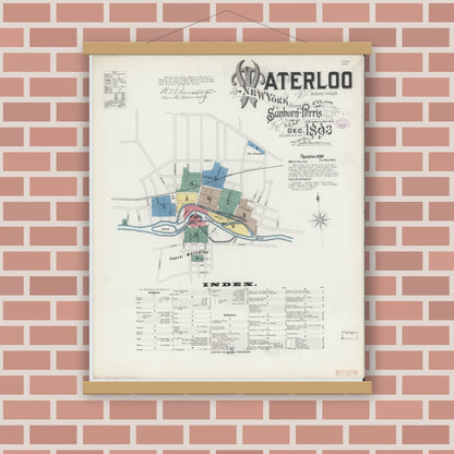 Old map wall art mockup — magnetic wood frame on brick wall — Sanborn Fire Insurance Map from Waterloo, Seneca County, New York (1893) - Complete Map Set