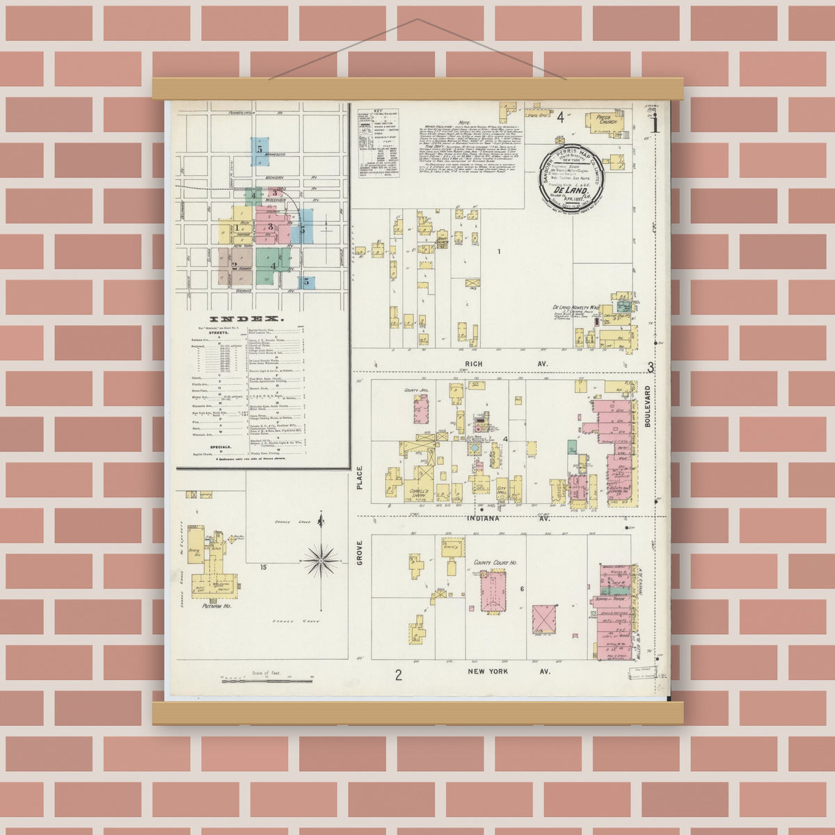 Old map wall art mockup — magnetic wood frame on brick wall — Sanborn Fire Insurance Map from De Land, Volusia County, Florida (1897) - Complete Map Set