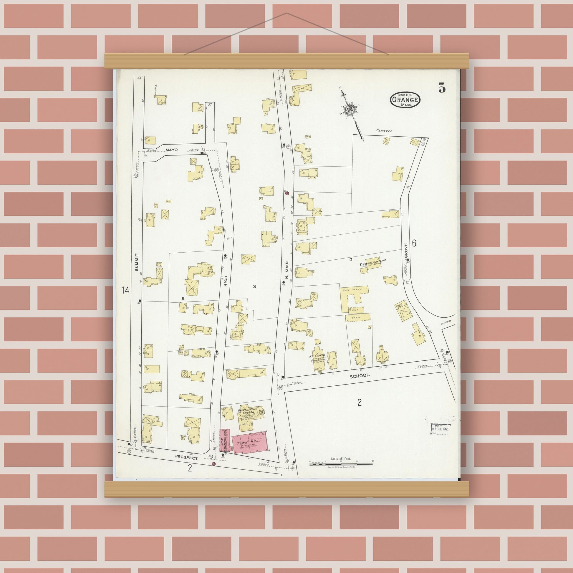 Old map wall art mockup — magnetic wood frame on brick wall — Sanborn Fire Insurance Map from Orange, Franklin County, Massachusetts (1917), Sheet #0005