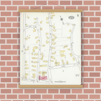 Old map wall art mockup — magnetic wood frame on brick wall — Sanborn Fire Insurance Map from Orange, Franklin County, Massachusetts (1917), Sheet #0005