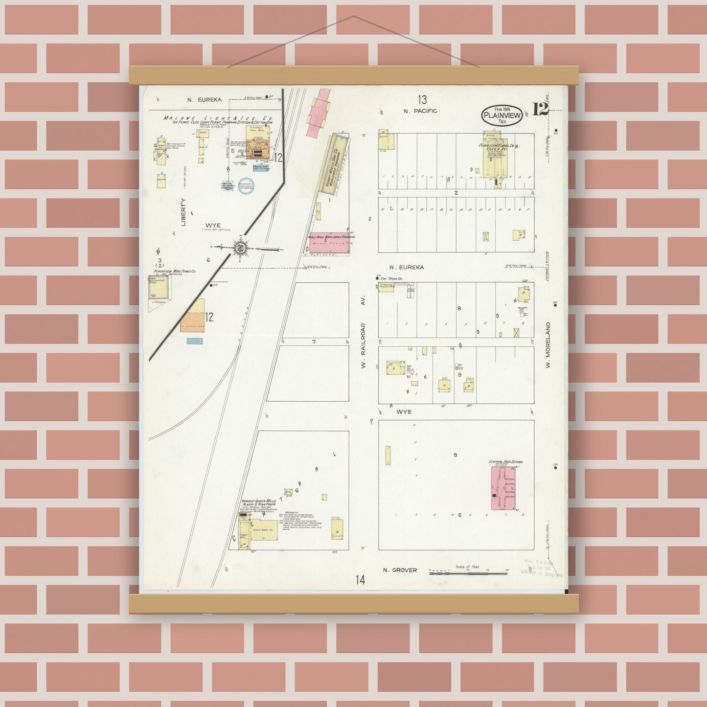 Old map wall art mockup — magnetic wood frame on brick wall — Sanborn Fire Insurance Map from Plainview, Hale County, Texas (1914), Sheet #0012