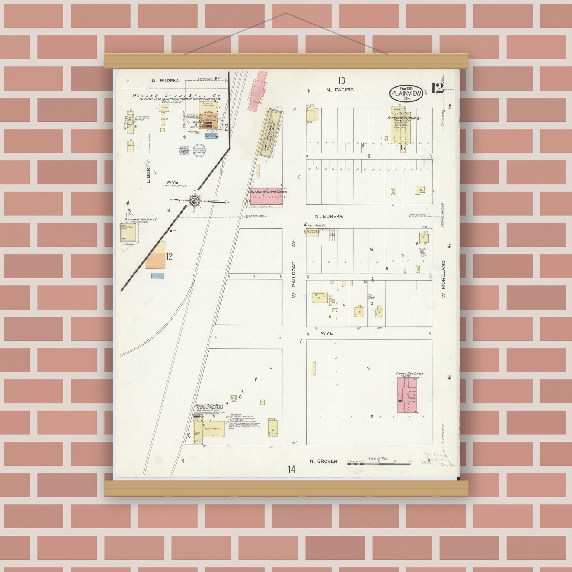 Old map wall art mockup — magnetic wood frame on brick wall — Sanborn Fire Insurance Map from Plainview, Hale County, Texas (1914), Sheet #0012