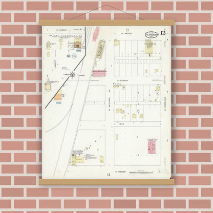 Old map wall art mockup — magnetic wood frame on brick wall — Sanborn Fire Insurance Map from Plainview, Hale County, Texas (1914), Sheet #0012