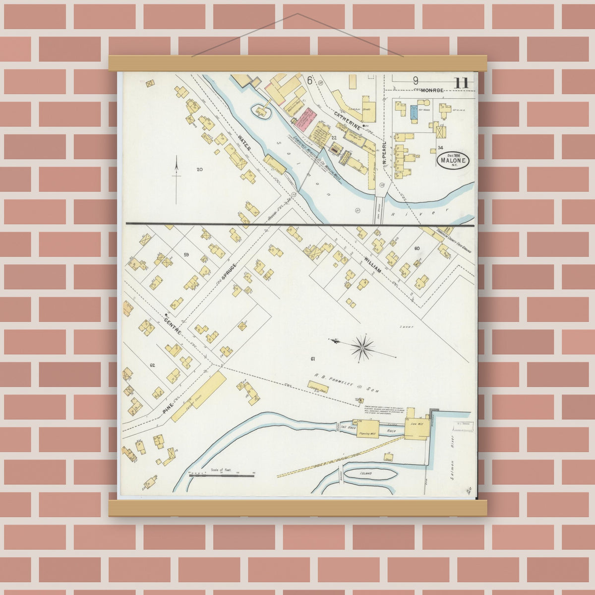 Old map wall art mockup — magnetic wood frame on brick wall — Sanborn Fire Insurance Map from Malone, Franklin County, New York (1898), Sheet #0011