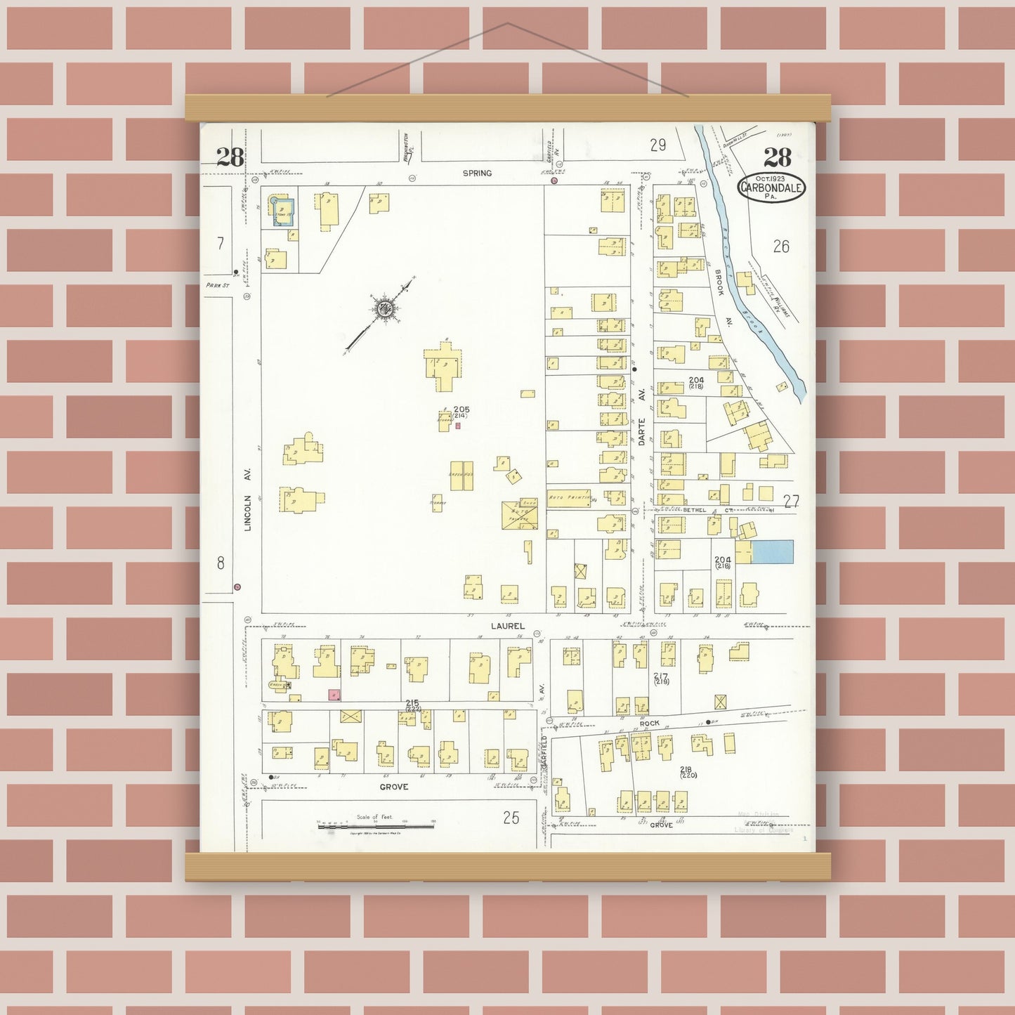 Old map wall art mockup — magnetic wood frame on brick wall — Sanborn Fire Insurance Map from Carbondale, Lackawanna County, Pennsylvania (1923), Sheet #0028