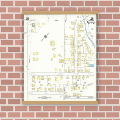 Old map wall art mockup — magnetic wood frame on brick wall — Sanborn Fire Insurance Map from Carbondale, Lackawanna County, Pennsylvania (1923), Sheet #0028