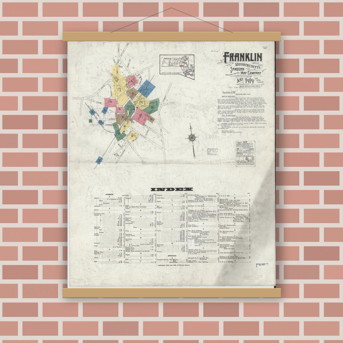 Old map wall art mockup — magnetic wood frame on brick wall — Sanborn Fire Insurance Map from Franklin, Norfolk County, Massachusetts (1919), Sheet #0001