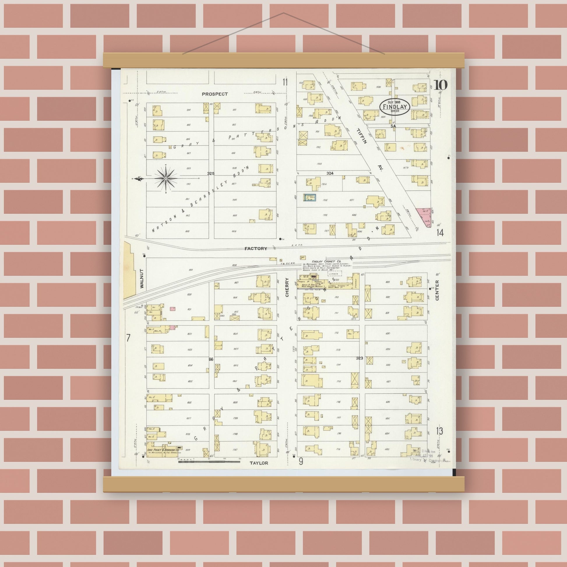 Old map wall art mockup — magnetic wood frame on brick wall — Sanborn Fire Insurance Map from Findlay, Hancock County, Ohio (1908), Sheet #0010