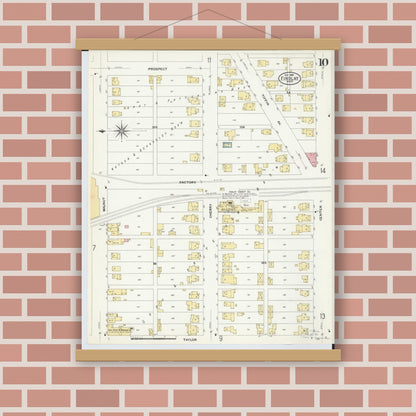 Old map wall art mockup — magnetic wood frame on brick wall — Sanborn Fire Insurance Map from Findlay, Hancock County, Ohio (1908), Sheet #0010