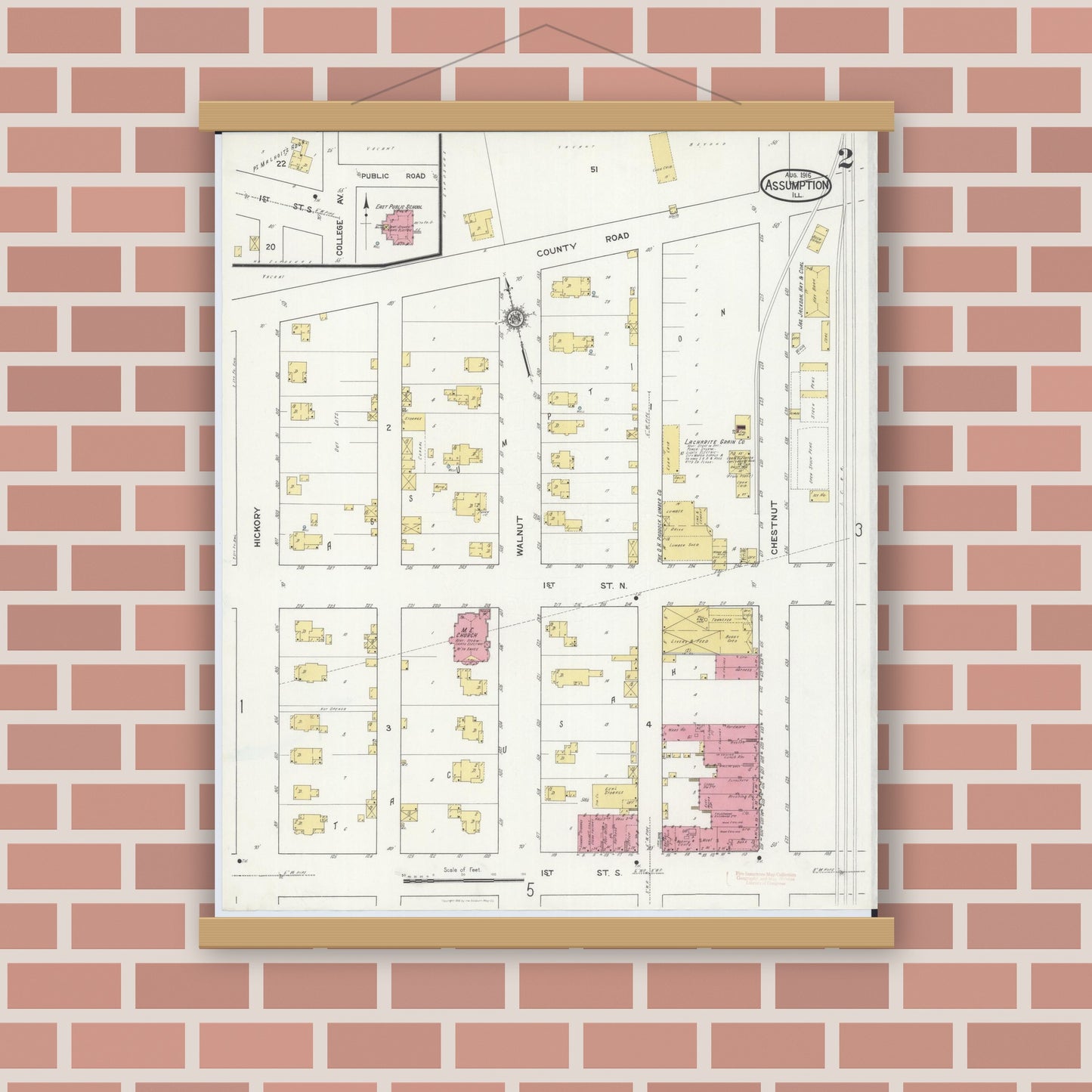 Old map wall art mockup — magnetic wood frame on brick wall — Sanborn Fire Insurance Map from Assumption, Christian County, Illinois (1916), Sheet #0002