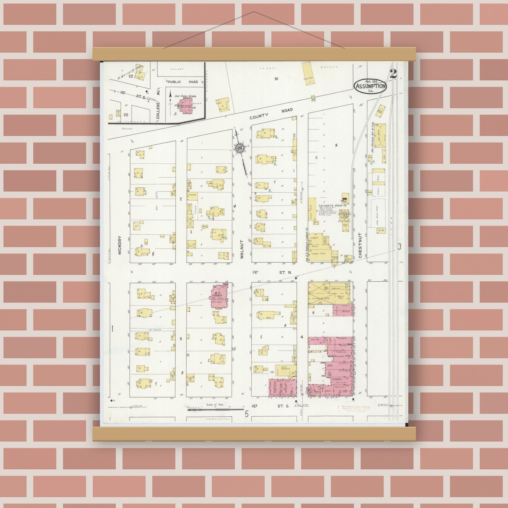 Old map wall art mockup — magnetic wood frame on brick wall — Sanborn Fire Insurance Map from Assumption, Christian County, Illinois (1916), Sheet #0002