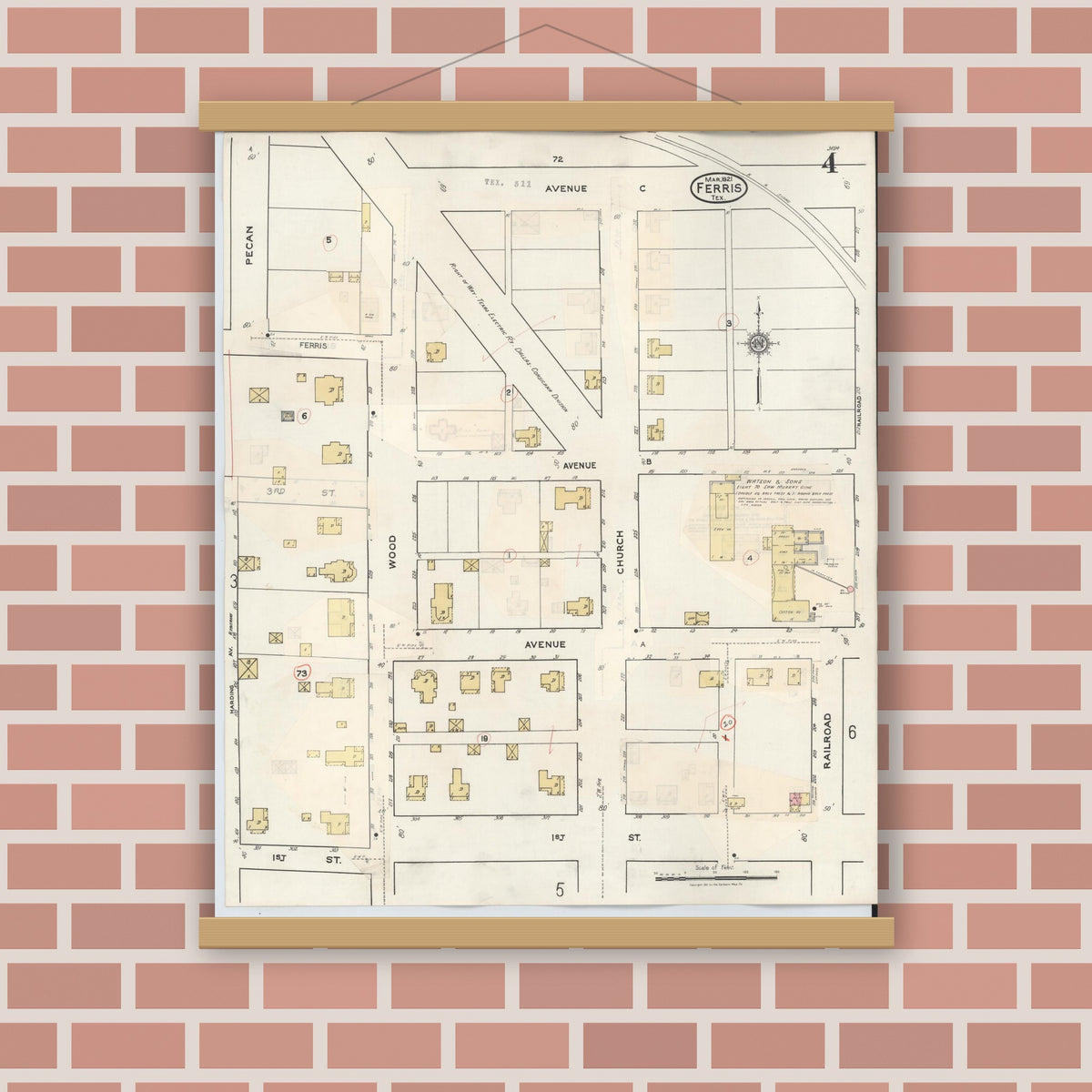 Old map wall art mockup — magnetic wood frame on brick wall — Sanborn Fire Insurance Map from Ferris, Ellis County, Texas (1941), Sheet #0004