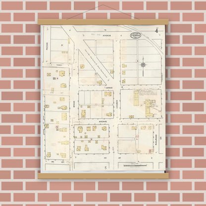 Old map wall art mockup — magnetic wood frame on brick wall — Sanborn Fire Insurance Map from Ferris, Ellis County, Texas (1941), Sheet #0004