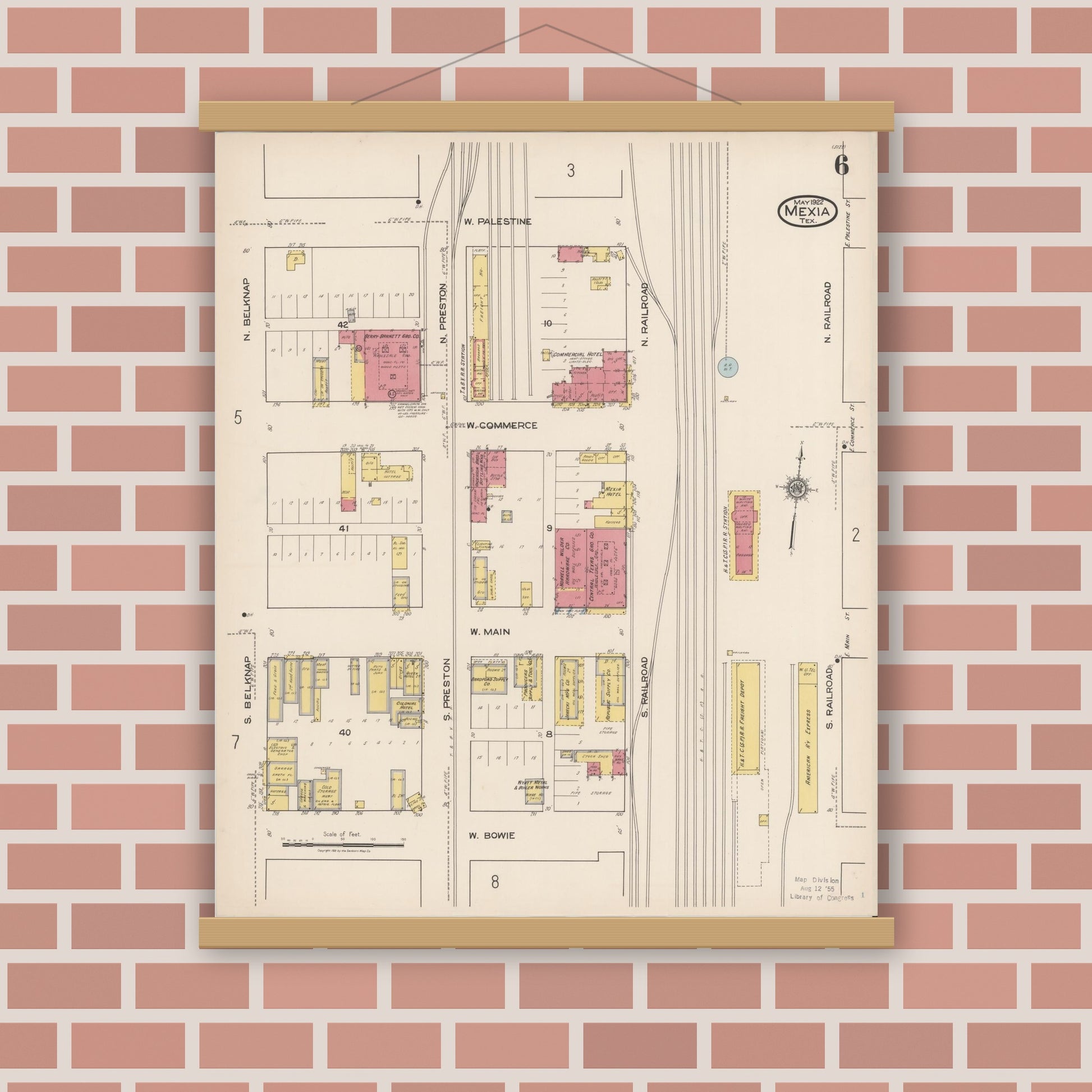 Old map wall art mockup — magnetic wood frame on brick wall — Sanborn Fire Insurance Map from Mexia, Limestone County, Texas (1922), Sheet #0006