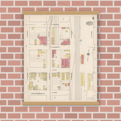 Old map wall art mockup — magnetic wood frame on brick wall — Sanborn Fire Insurance Map from Mexia, Limestone County, Texas (1922), Sheet #0006