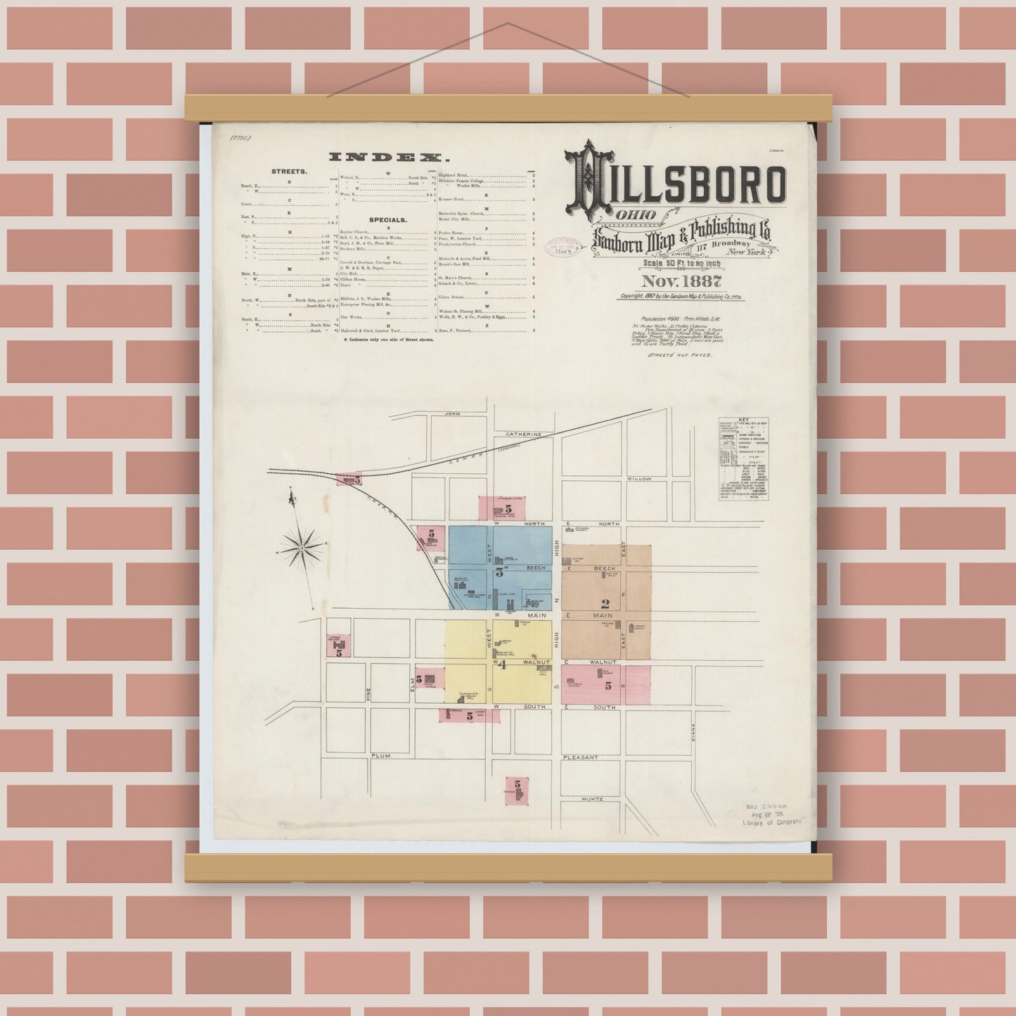Old map wall art mockup — magnetic wood frame on brick wall — Sanborn Fire Insurance Map from Hillsboro, Highland County, Ohio (1887), Sheet #0001