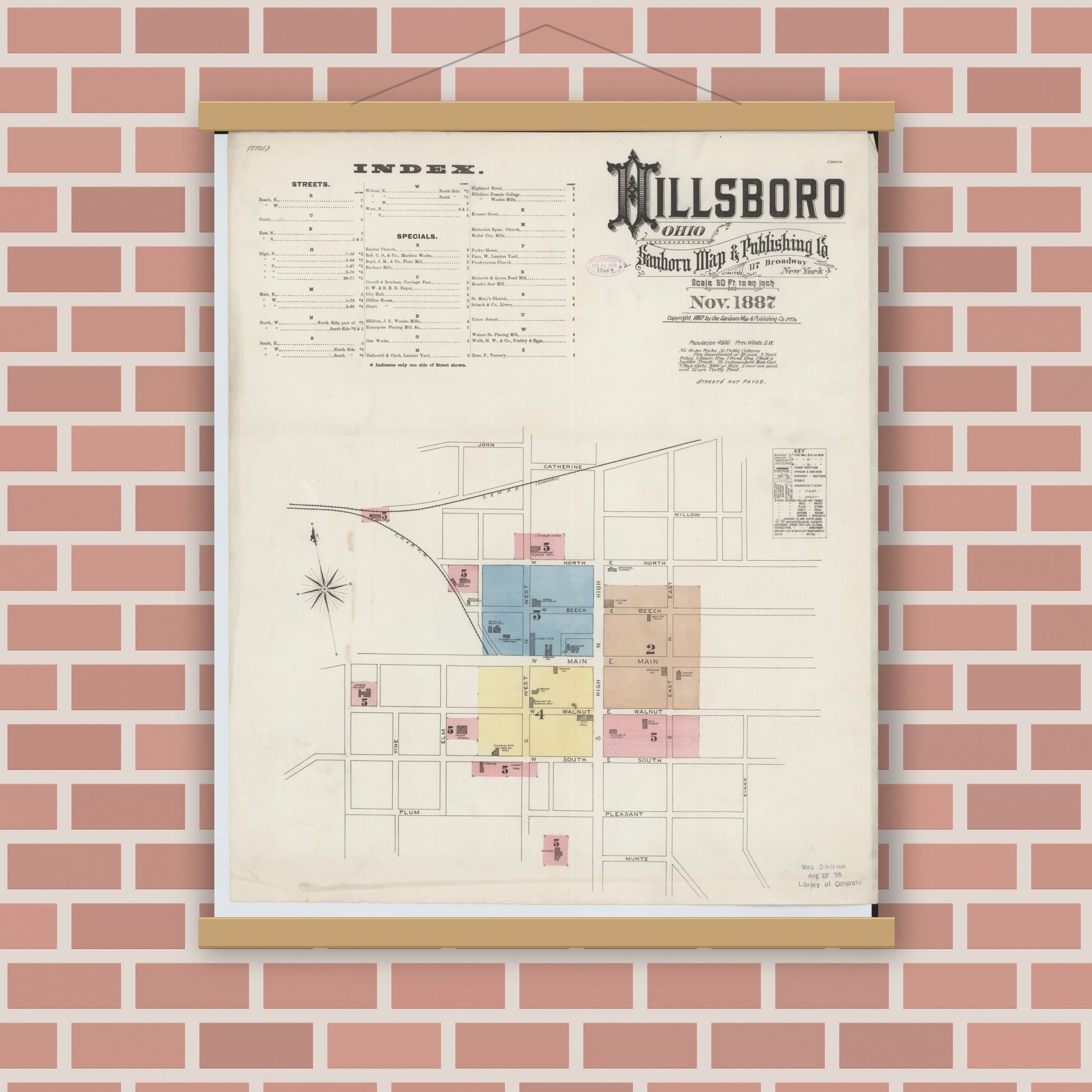 Old map wall art mockup — magnetic wood frame on brick wall — Sanborn Fire Insurance Map from Hillsboro, Highland County, Ohio (1887), Sheet #0001