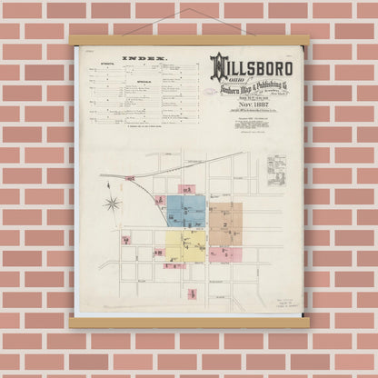 Old map wall art mockup — magnetic wood frame on brick wall — Sanborn Fire Insurance Map from Hillsboro, Highland County, Ohio (1887), Sheet #0001