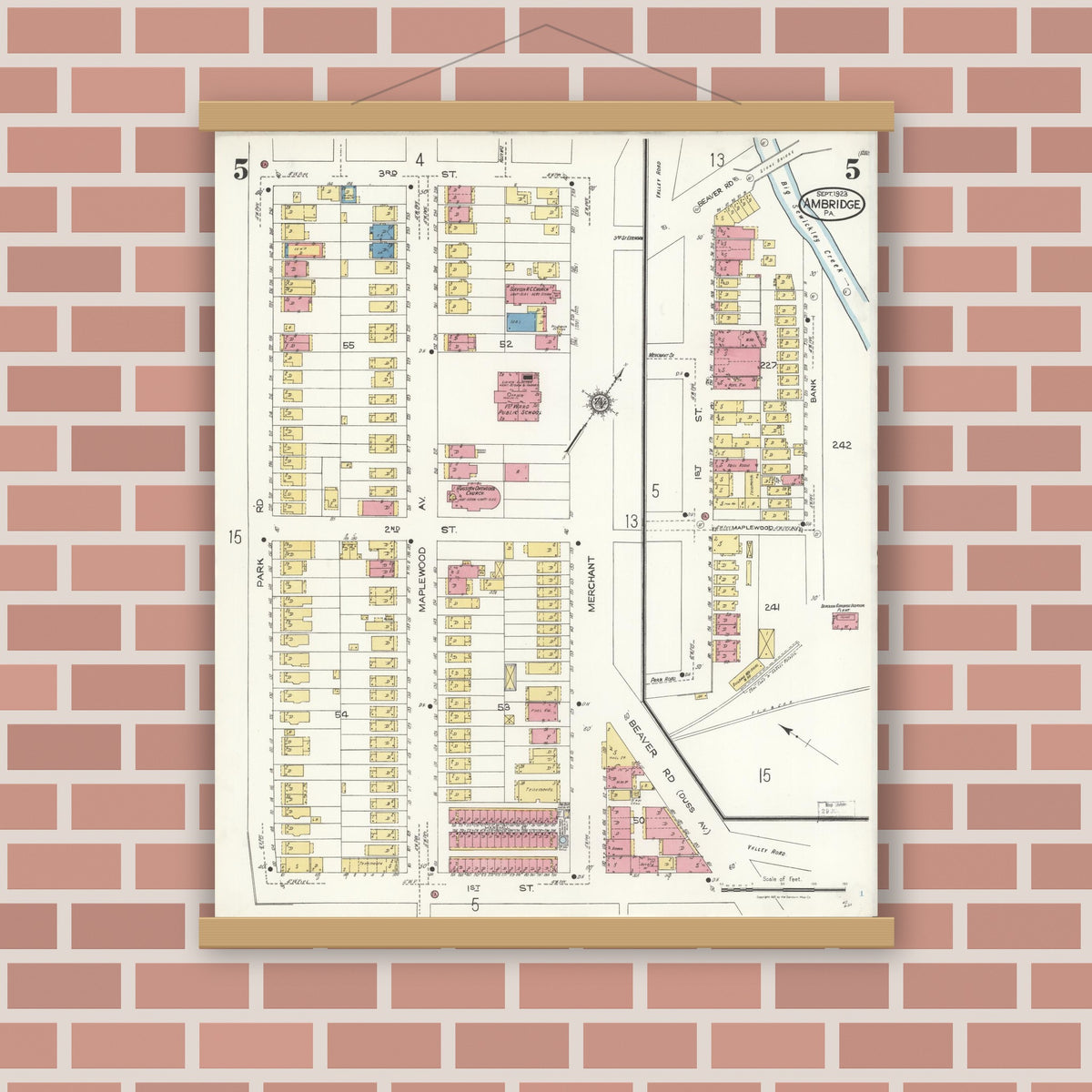 Old map wall art mockup — magnetic wood frame on brick wall — Sanborn Fire Insurance Map from Ambridge, Beaver County, Pennsylvania (1923), Sheet #0005