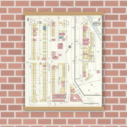 Old map wall art mockup — magnetic wood frame on brick wall — Sanborn Fire Insurance Map from Ambridge, Beaver County, Pennsylvania (1923), Sheet #0005