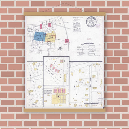 Old map wall art mockup — magnetic wood frame on brick wall — Sanborn Fire Insurance Map from Festus, Jefferson County, Missouri (1908) - Complete Map Set