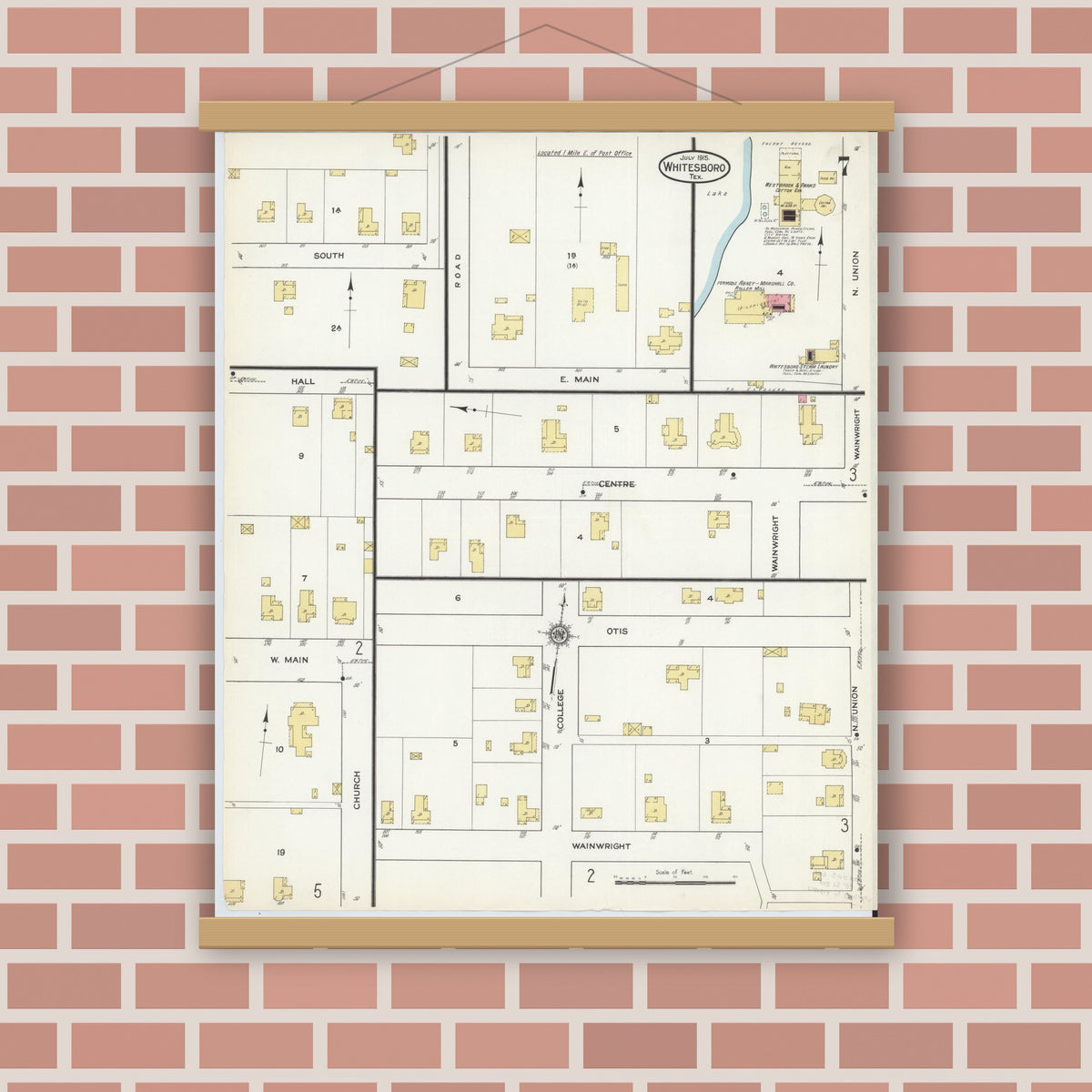 Old map wall art mockup — magnetic wood frame on brick wall — Sanborn Fire Insurance Map from Whitesboro, Grayson County, Texas (1915), Sheet #0007