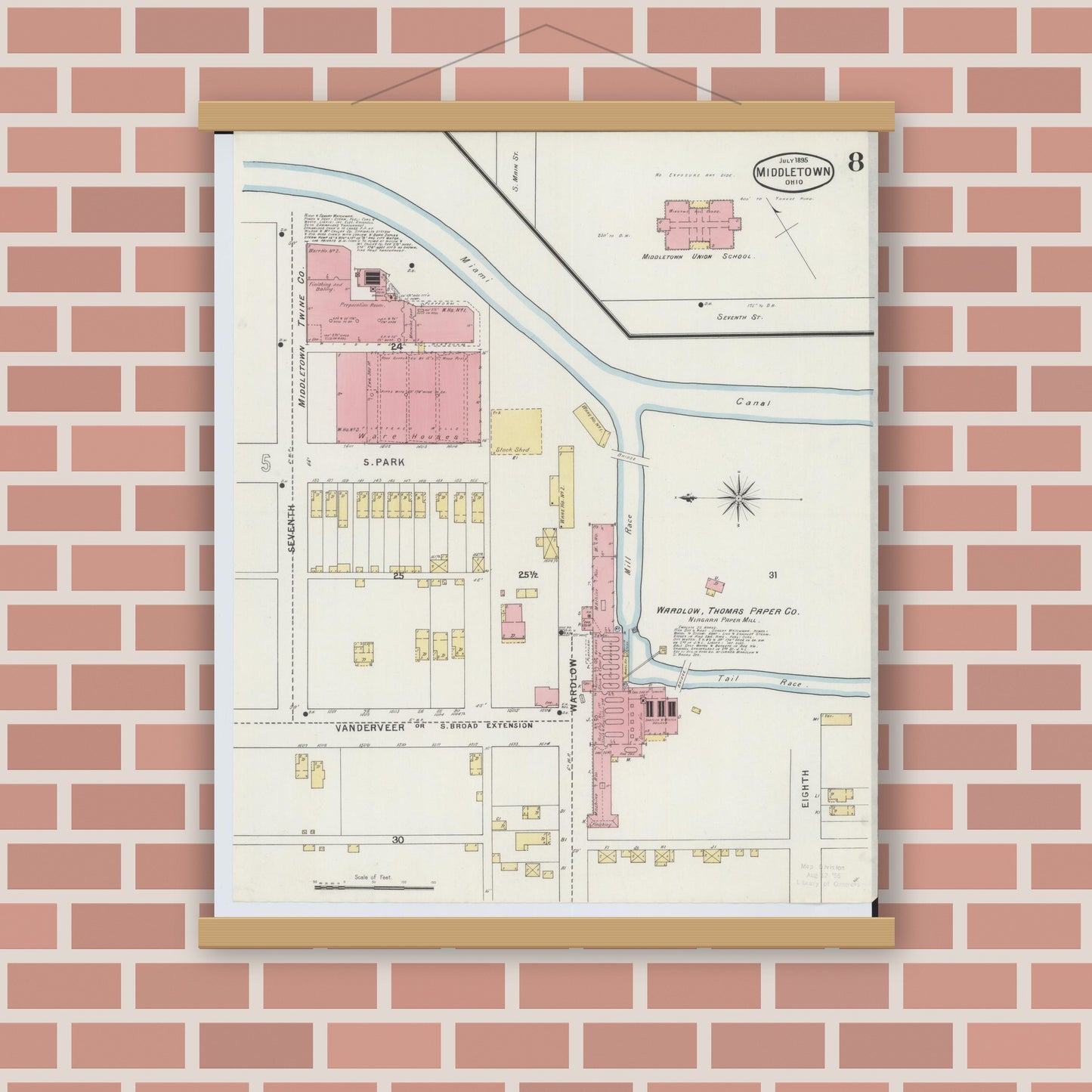 Old map wall art mockup — magnetic wood frame on brick wall — Sanborn Fire Insurance Map from Middletown, Butler County, Ohio (1895), Sheet #0008
