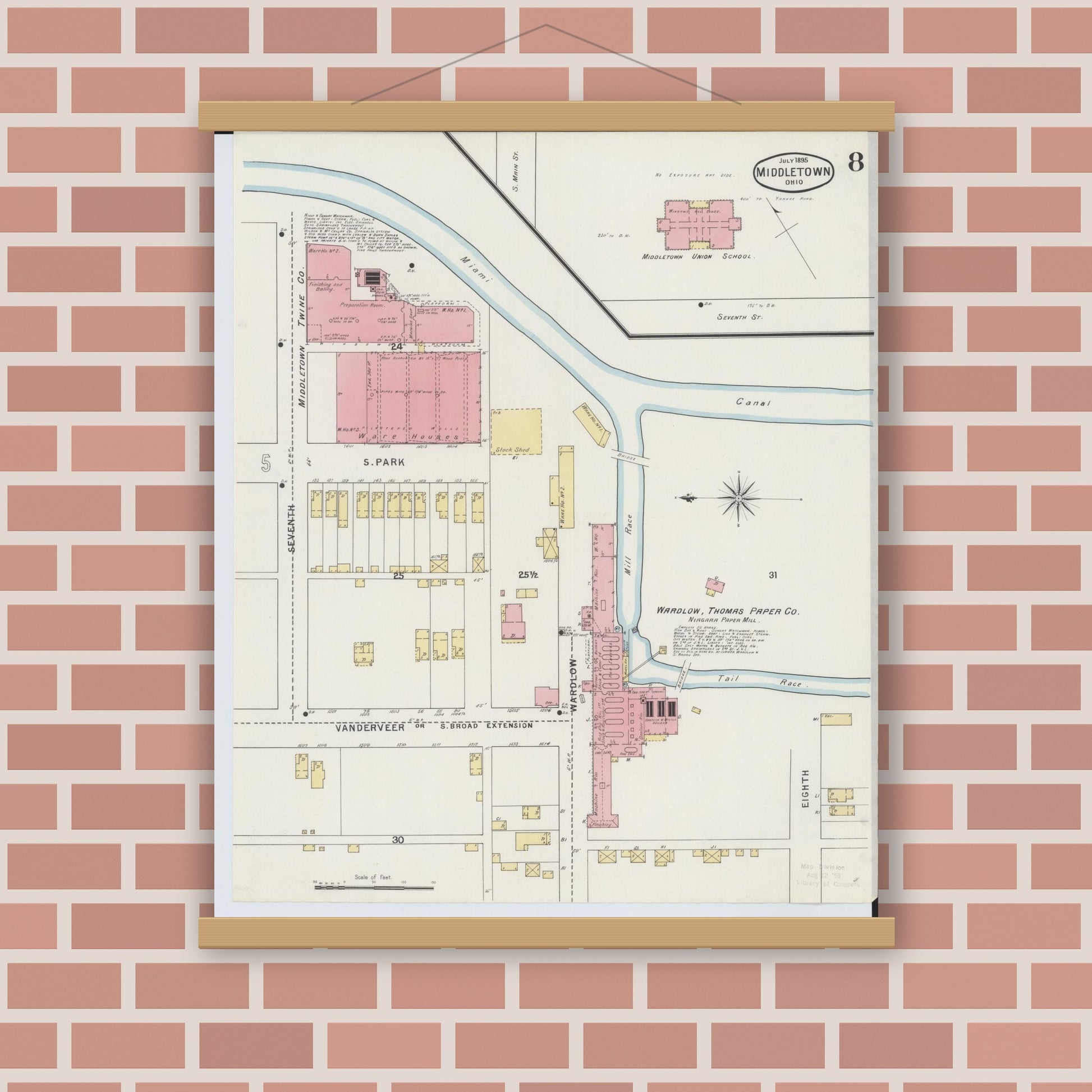 Old map wall art mockup — magnetic wood frame on brick wall — Sanborn Fire Insurance Map from Middletown, Butler County, Ohio (1895), Sheet #0008