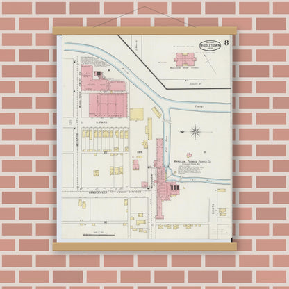 Old map wall art mockup — magnetic wood frame on brick wall — Sanborn Fire Insurance Map from Middletown, Butler County, Ohio (1895), Sheet #0008