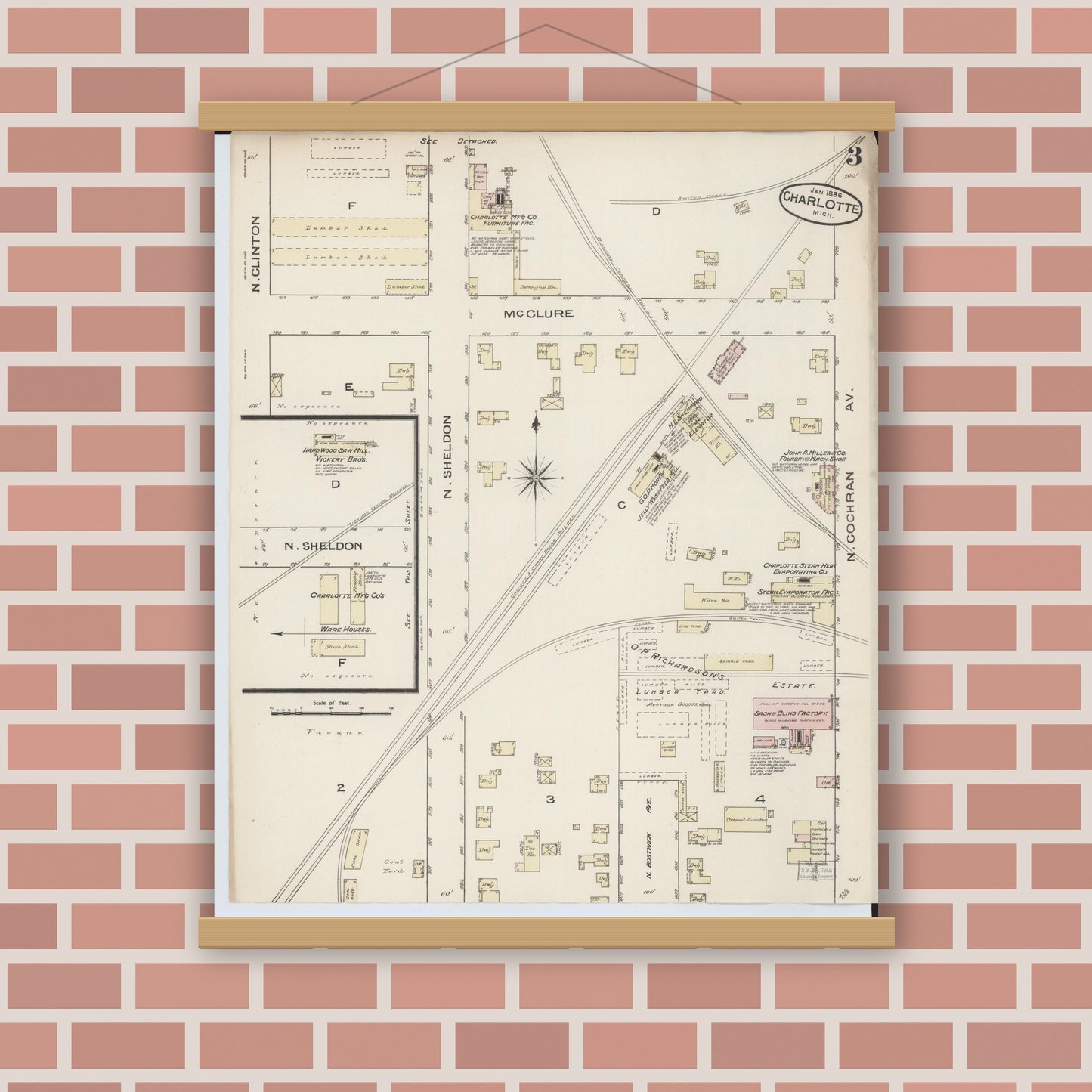 Old map wall art mockup — magnetic wood frame on brick wall — Sanborn Fire Insurance Map from Charlotte, Eaton County, Michigan (1886), Sheet #0003