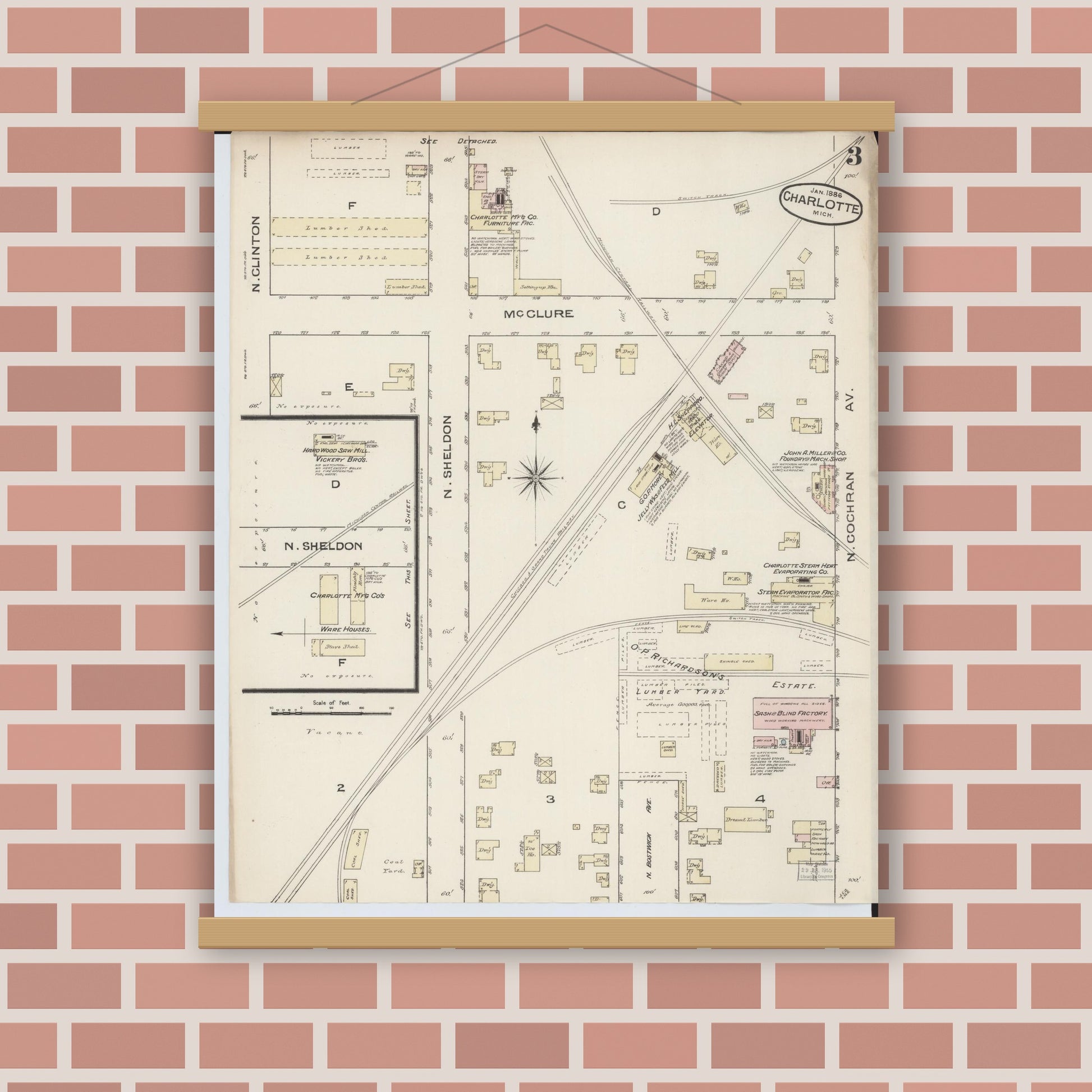 Old map wall art mockup — magnetic wood frame on brick wall — Sanborn Fire Insurance Map from Charlotte, Eaton County, Michigan (1886), Sheet #0003