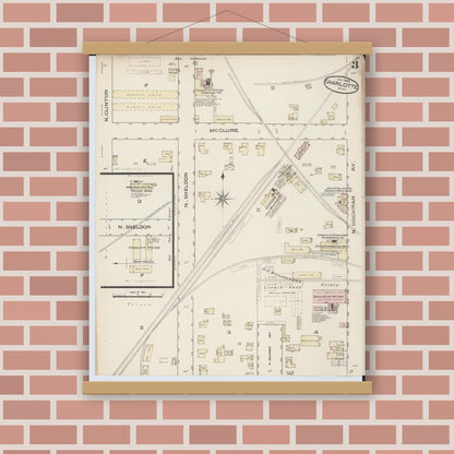 Old map wall art mockup — magnetic wood frame on brick wall — Sanborn Fire Insurance Map from Charlotte, Eaton County, Michigan (1886), Sheet #0003