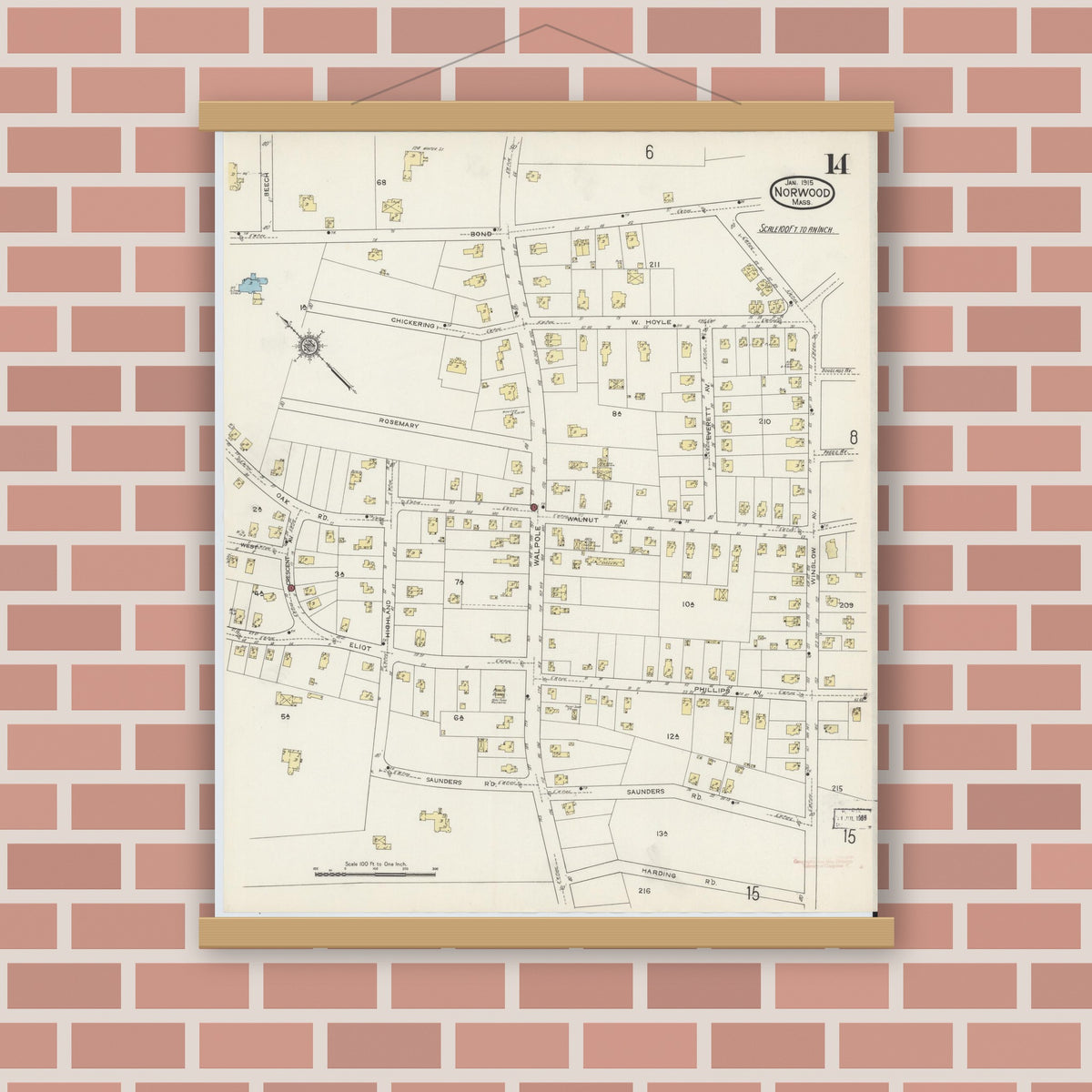 Old map wall art mockup — magnetic wood frame on brick wall — Sanborn Fire Insurance Map from Norwood, Norfolk County, Massachusetts (1915), Sheet #0014