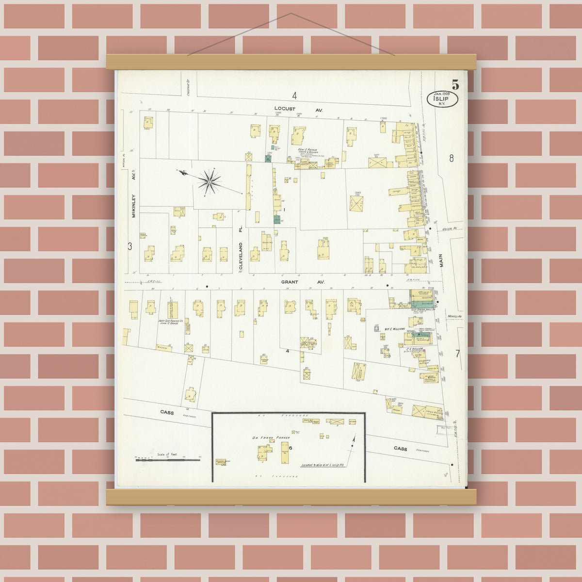 Old map wall art mockup — magnetic wood frame on brick wall — Sanborn Fire Insurance Map from Islip, Suffolk County, New York (1909), Sheet #0005