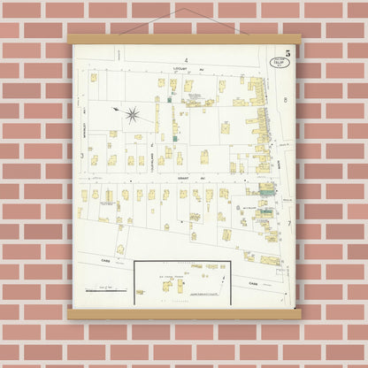 Old map wall art mockup — magnetic wood frame on brick wall — Sanborn Fire Insurance Map from Islip, Suffolk County, New York (1909), Sheet #0005